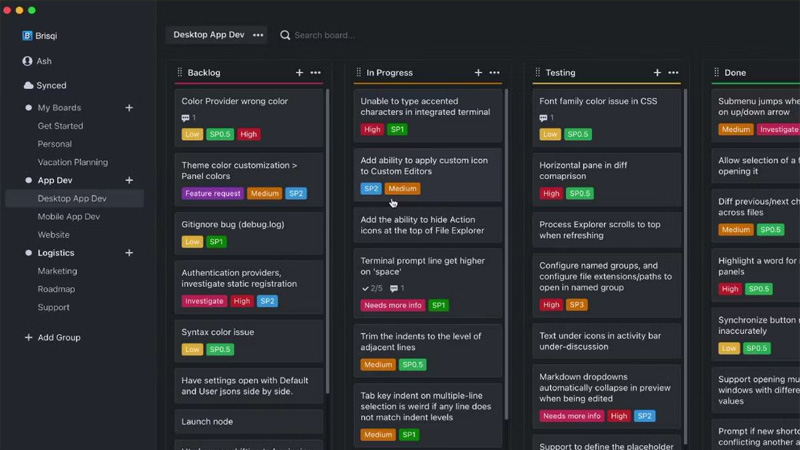 Brisqi có giao diện nhanh và bắt mắt mang lại những điều cơ bản của một ứng dụng bảng tác vụ. Mỗi thẻ tác vụ có thể có mô tả chi tiết, thẻ, thời hạn, nhãn và màu sắc. Bạn có thể có nhiều hơn 3 cột bảng kanban mặc định và tạo các cột tùy chỉnh.