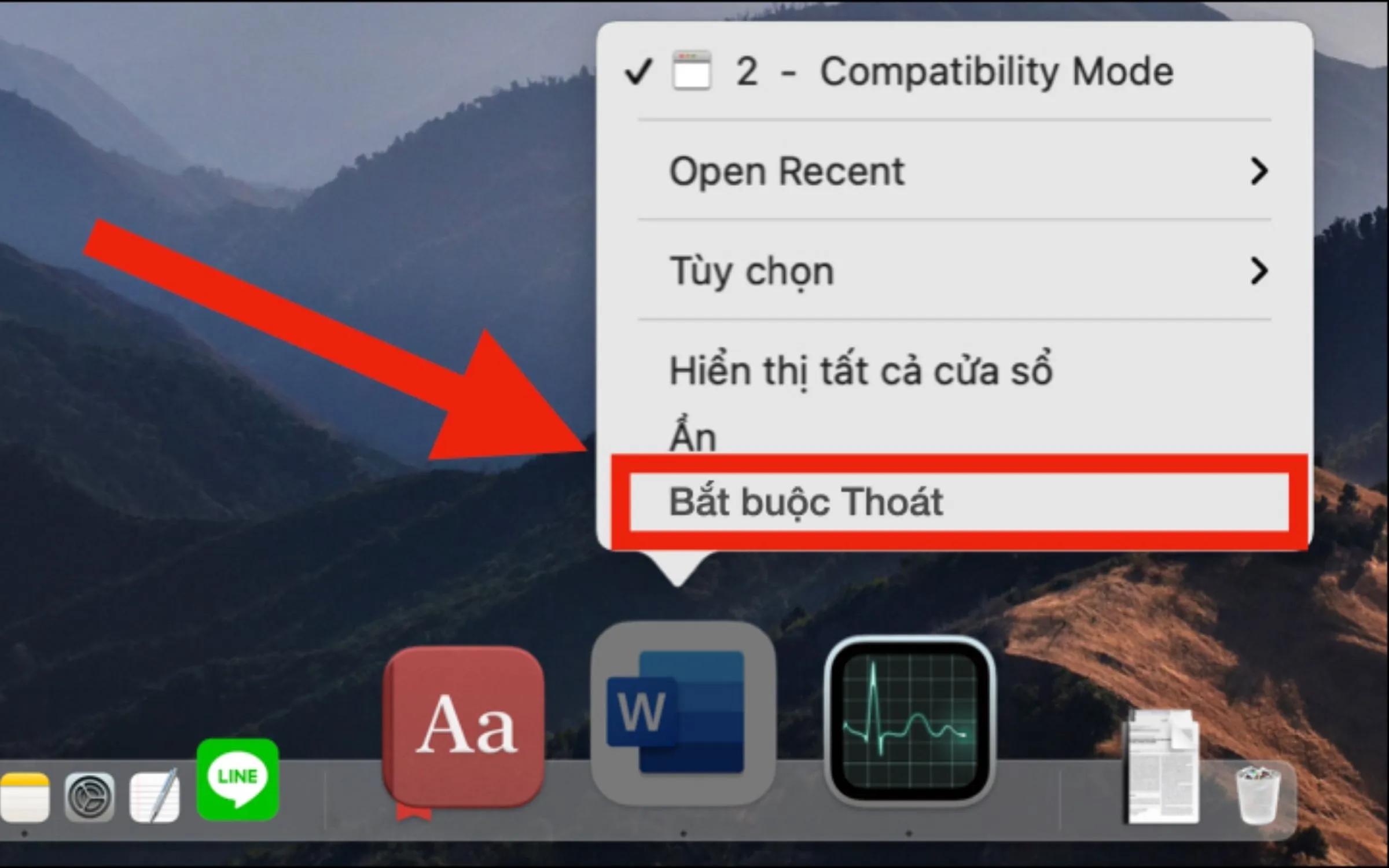 buộc thoát ứng dụng trên dock