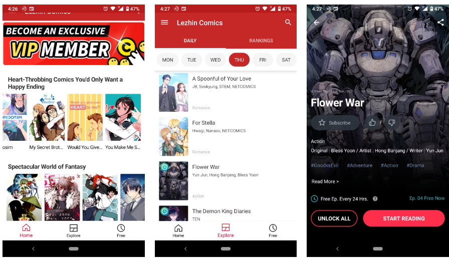 Lezhin Comics là một ấn phẩm cung cấp bộ truyện tranh của riêng mình, phục vụ nhiều hơn cho những người hâm mộ thể loại lãng mạn