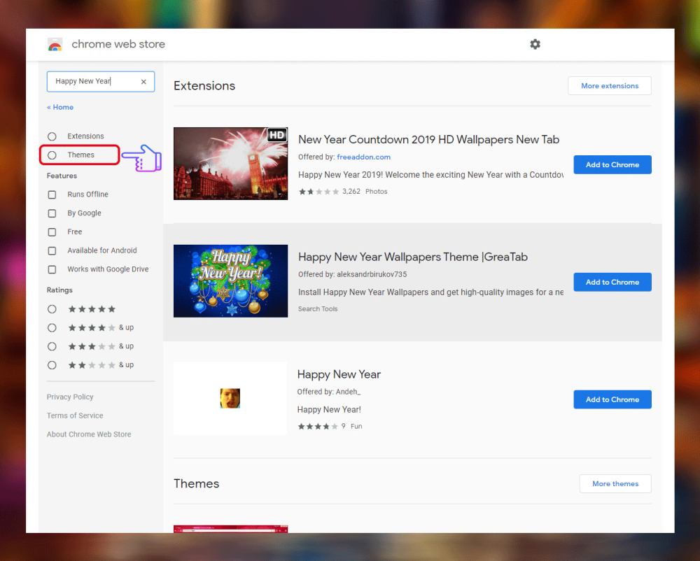 Sau đó tiếp tục chọn Themes (Giao diện) nằm ở cột trái của giao diện để lọc chỉ lấy chủ đề và nhấn Enter