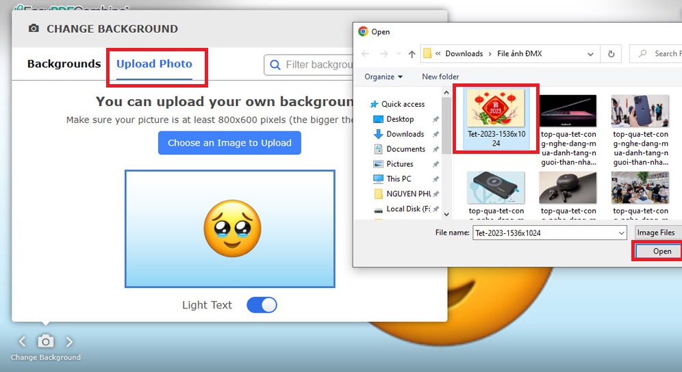 Bước 3: Tại đây, các bạn hãy chọn Tải lên từ thiết bị (Upload Photo) và chọn đường dẫn của hình mới tải xuống rồi nhấn nút Open