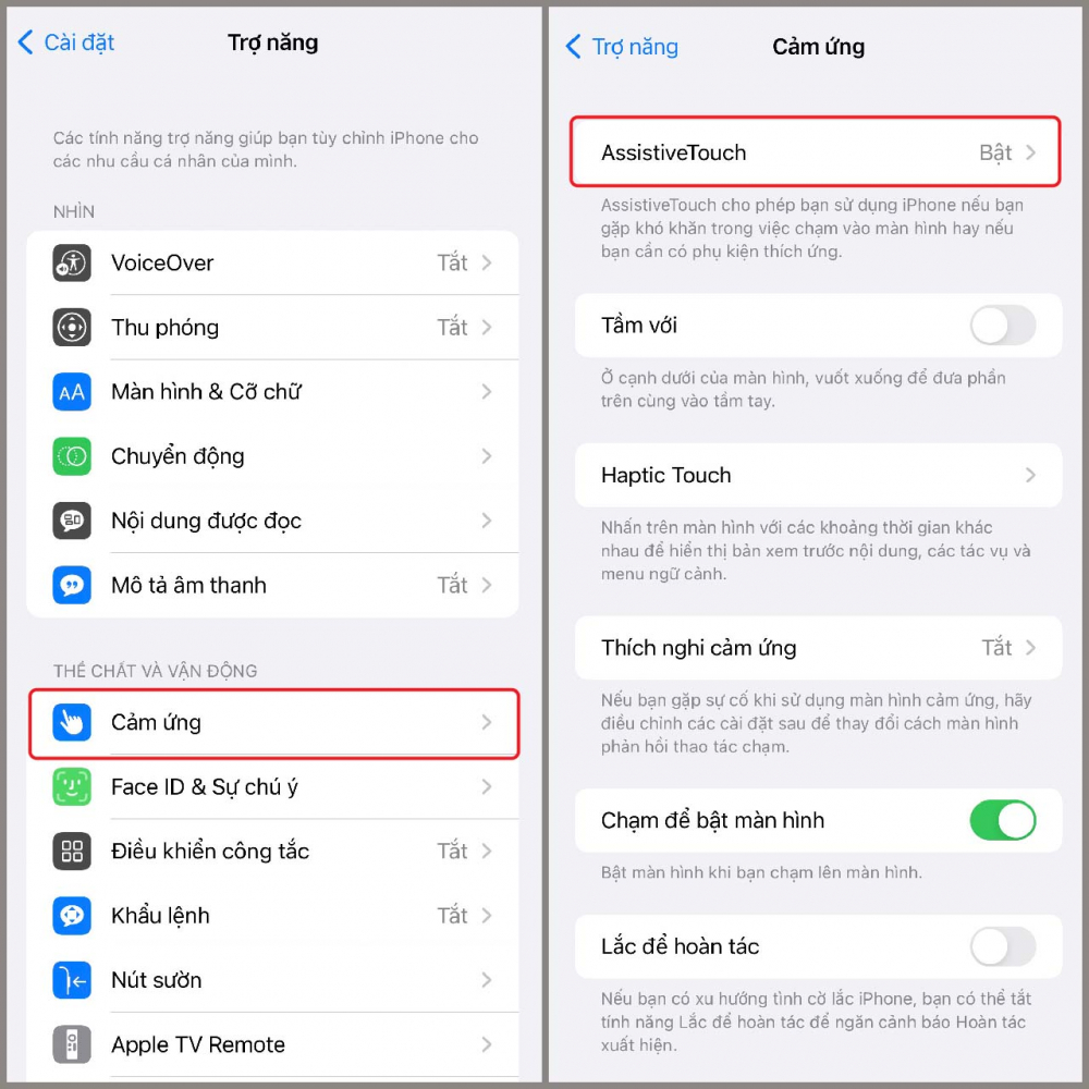 Bước 1: Mở Cài đặt > Nhấn chọn mục Trợ năng > Nhấn vào mục Cảm ứng > Nhấn chọn AssistiveTouch