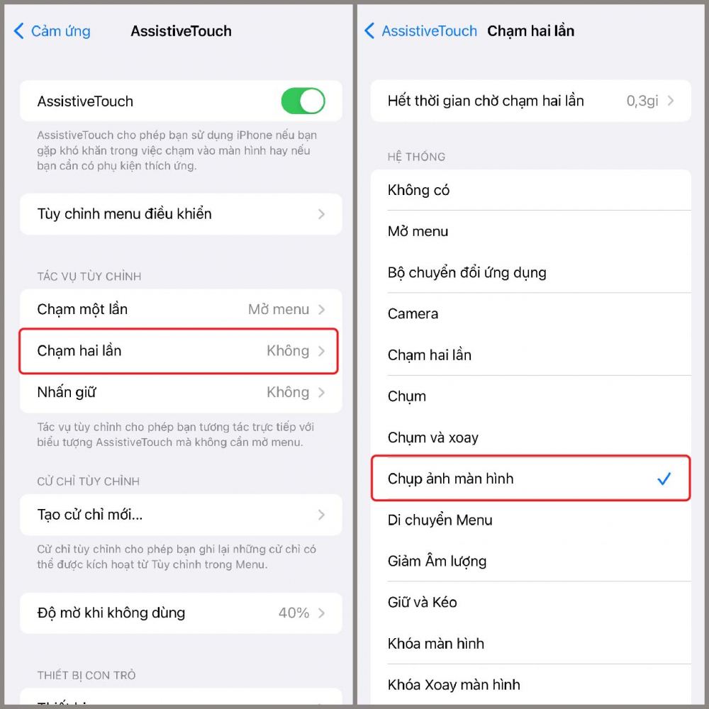 Bước 2: Tại ô tác vụ tùy chỉnh, bạn hãy nhấn vào Chạm hai lần > Nhấn chọn Chụp ảnh màn hình
