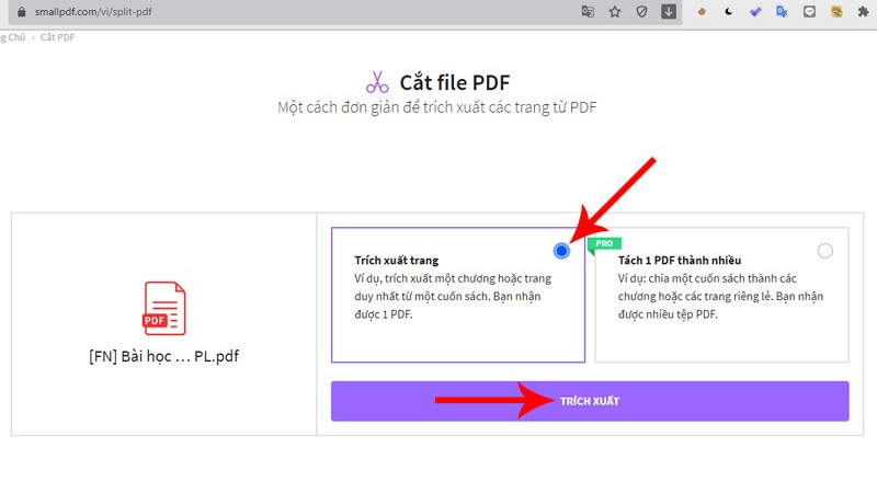 Bước 3: Tiếp đến, bạn click vào ô Trích xuất trang > Trích xuất. 