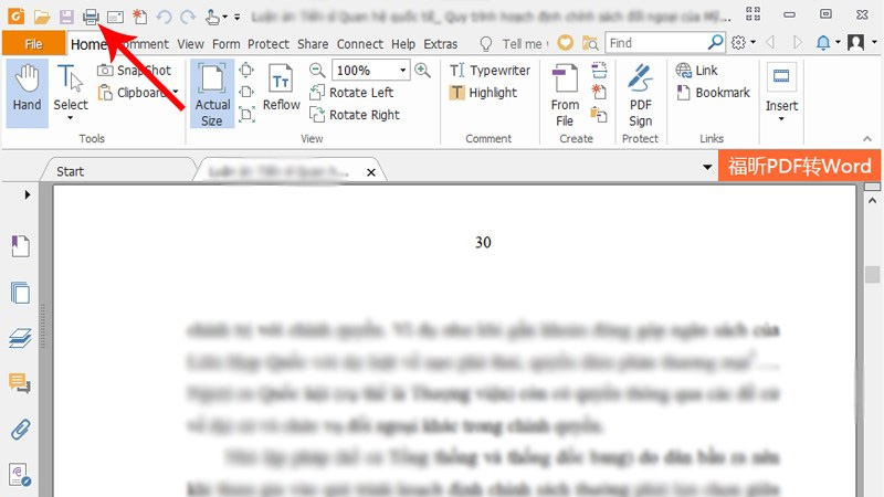 Bước 2: Truy cập vào phần mềm Foxit Reader vừa tải, mở file PDF cần cắt và nhấn vào biểu tượng Print hoặc sử dụng tổ hợp phím Ctrl + P