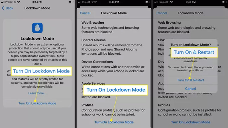 Bước 2: Sau đó, bạn hãy nhấn vào nút Bật Chế độ phong tỏa (Turn on Lockdown Mode)