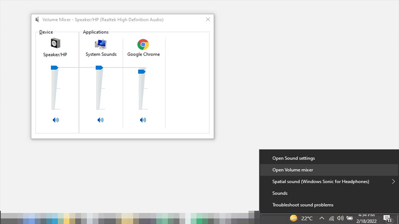 Kiểm tra Sound trong Volume Mixer