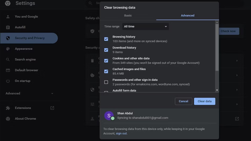 Xóa lịch sử trình duyệt và bộ nhớ cache