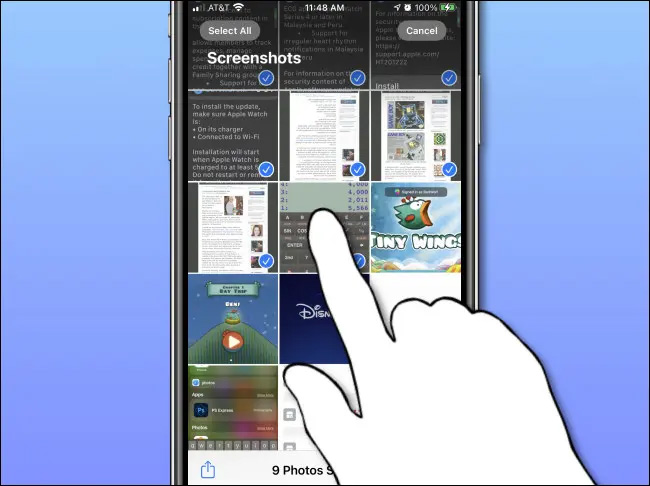 Bạn có thể chọn tất cả các ảnh chụp màn hình trong album bằng cách nhấn Chọn tất cả 