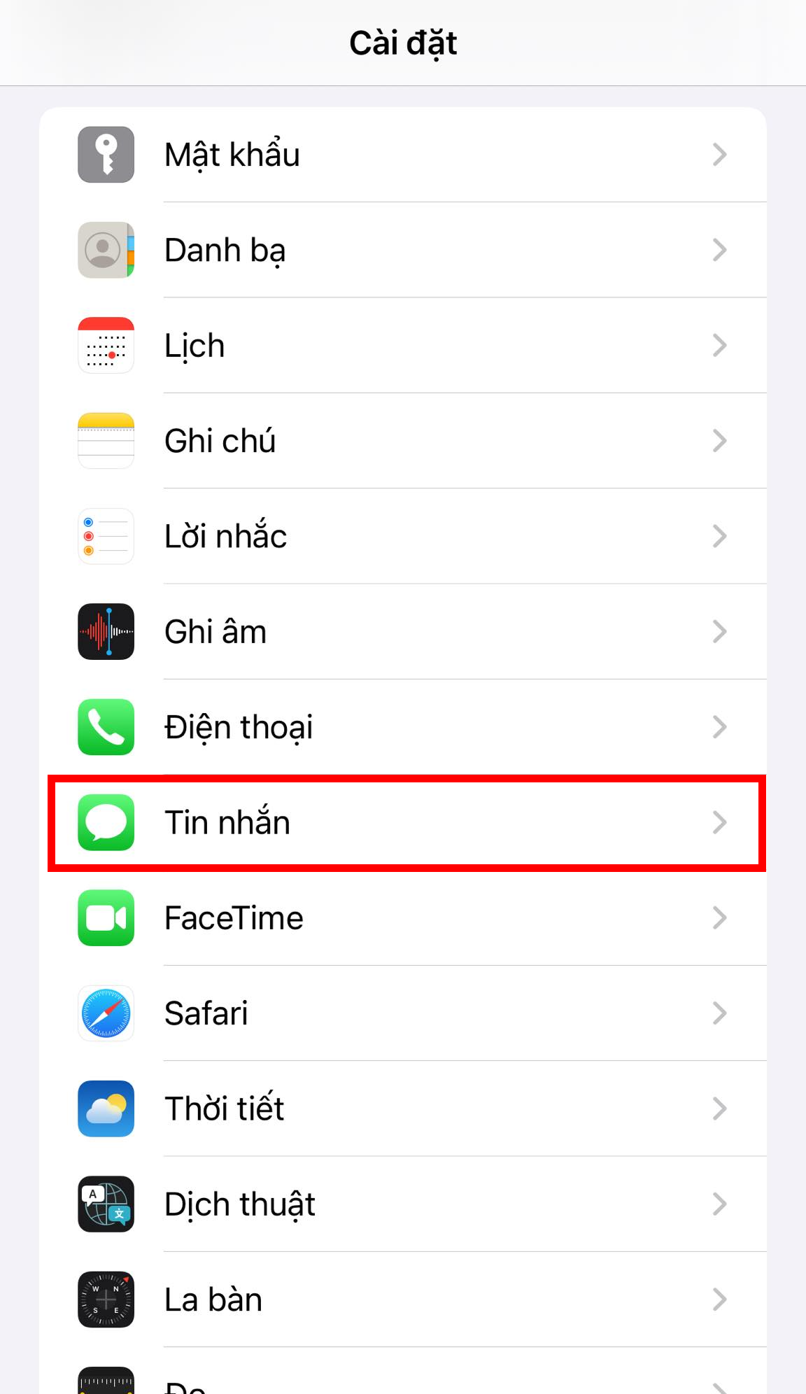ứng dụng tin nhắn trong cài dặt