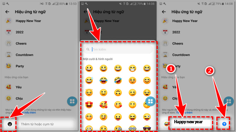 Ngoài ra, bạn cũng có thể tự tạo, thêm hiệu ứng từ ngữ cho riêng mình bằng cách chọn biểu tượng cảm xúc ở phía trái màn hình 