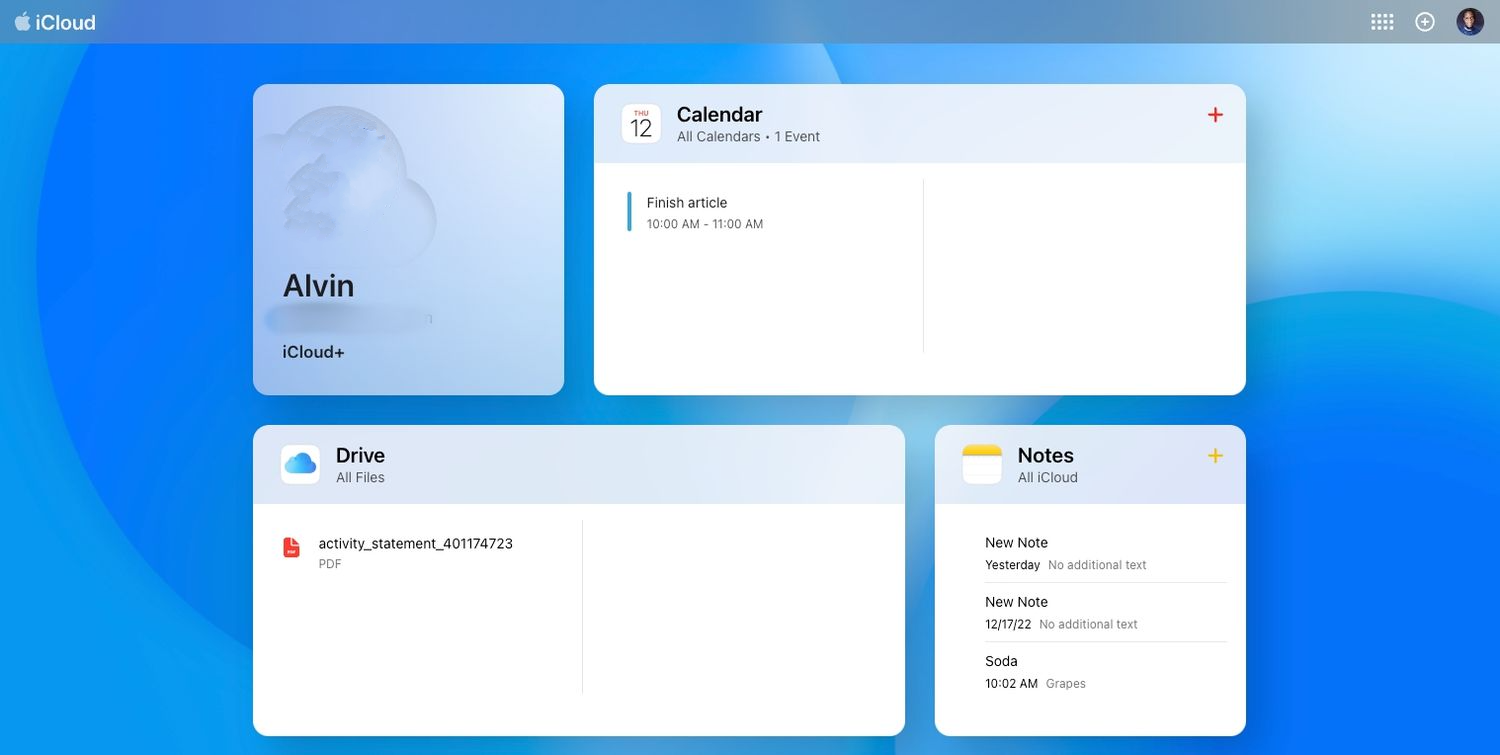 Trang chủ iCloud trên web