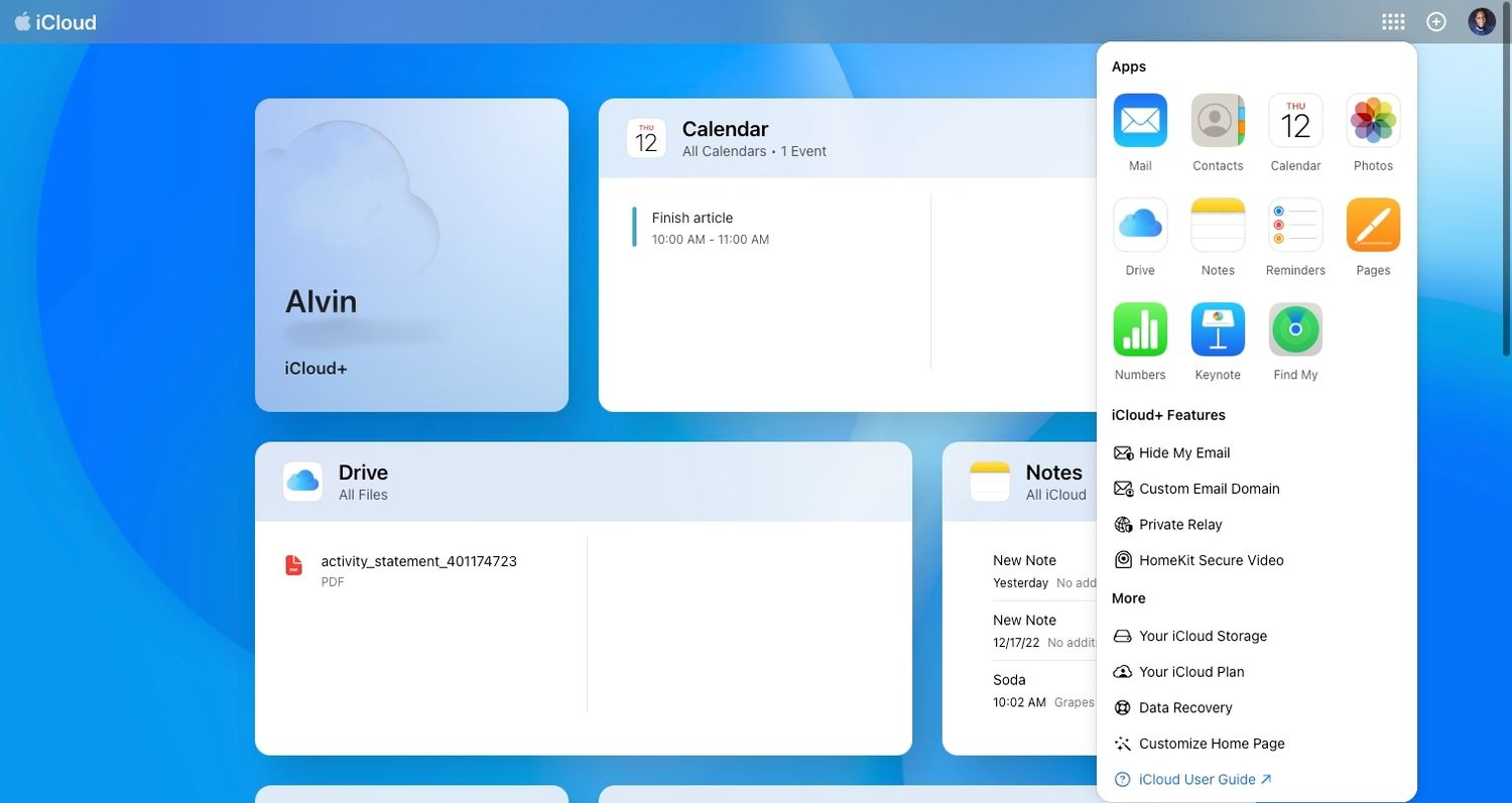 Menu iCloud trên web
