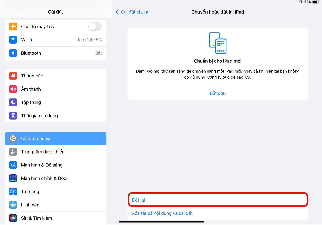 Reset cài đặt ipAd
