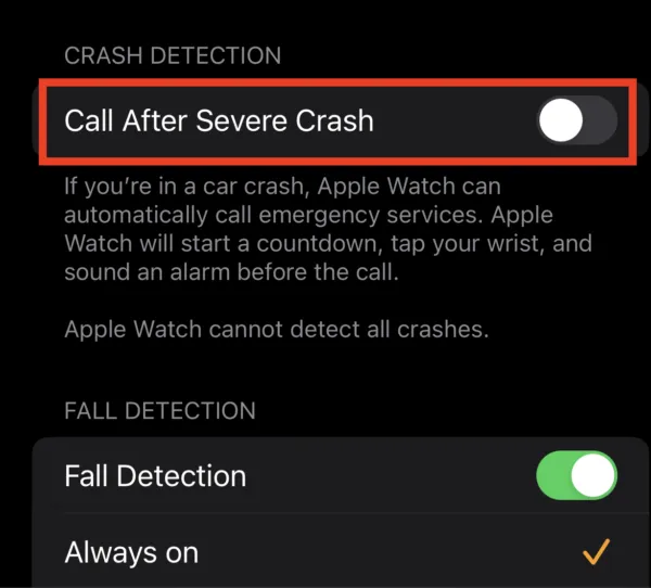 Tắt Call After Severe Crash