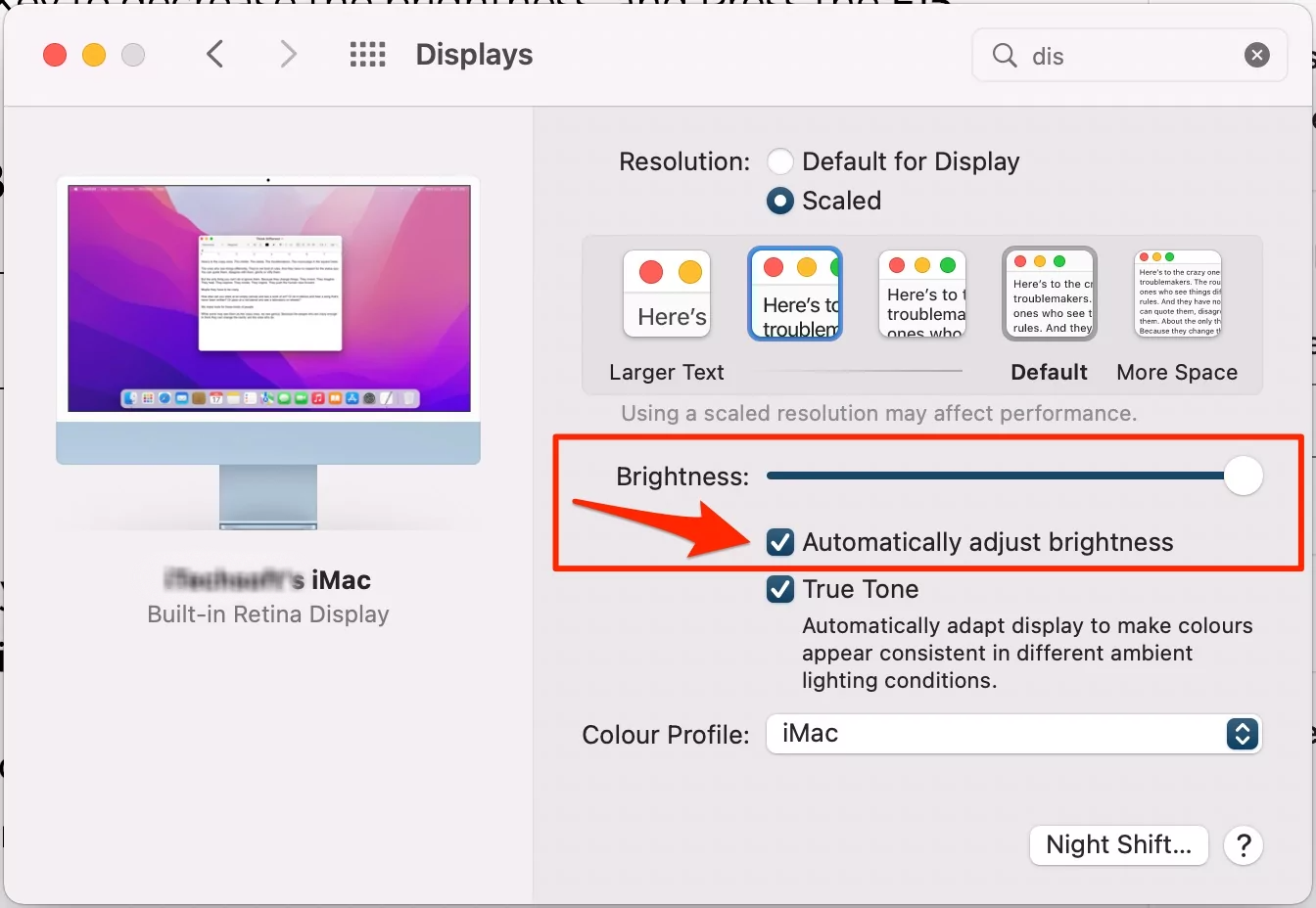 Tắt tính năng tự động điều chỉnh độ sáng macos ventura.webp