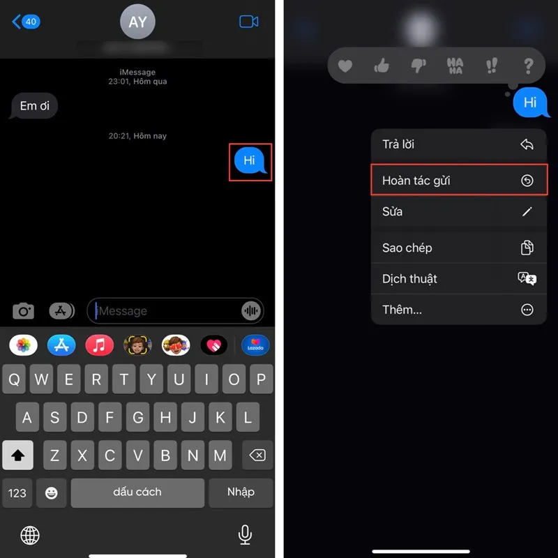 thu hồi tin nhắn đã gửi ios16