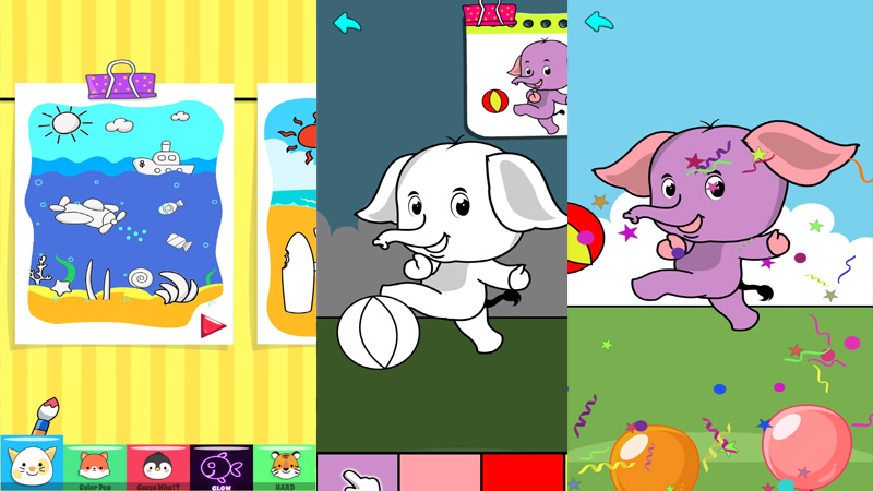 Ứng dụng sách tô màu này được trang bị các tab Dễ và Khó ở cuối màn hình với các trang màu đơn giản