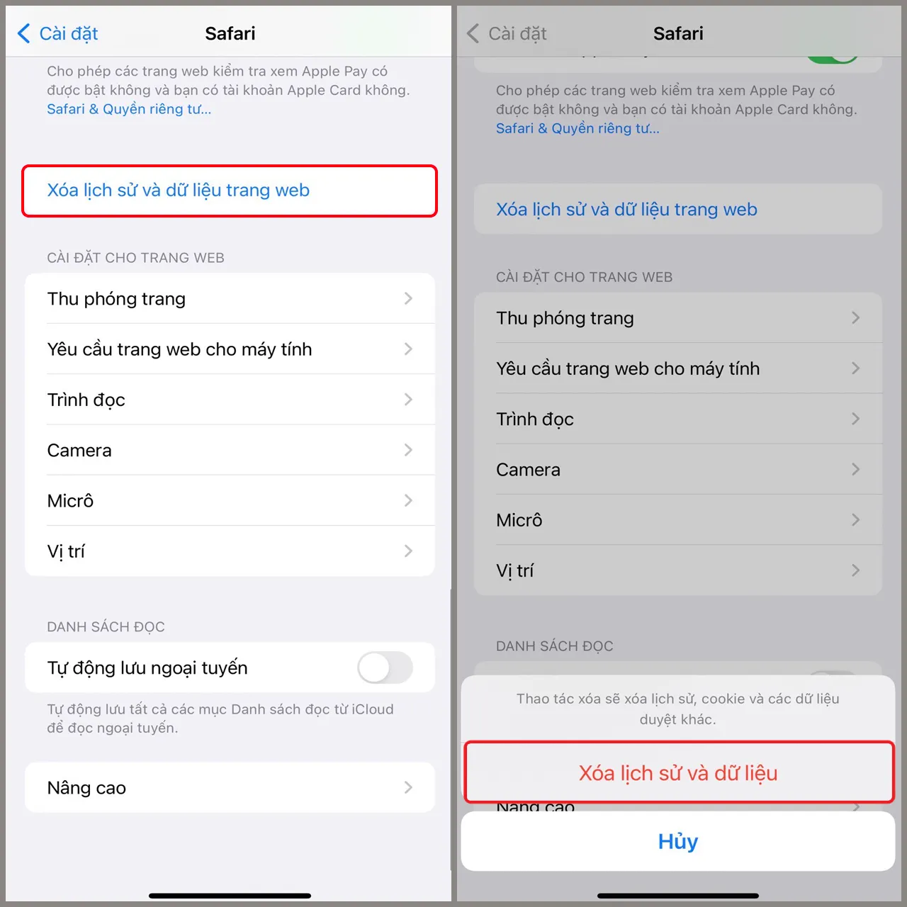 xoá lịch sử trình duyệt safari 