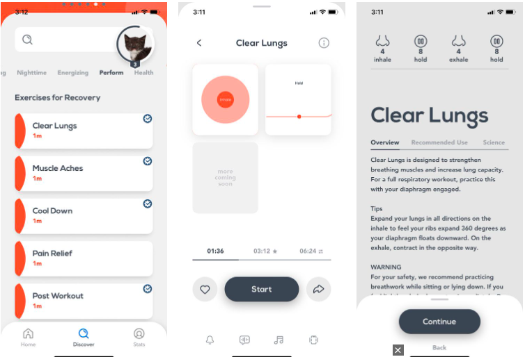 Bài tập thở của Breathwrk bao gồm rất nhiều phần khác nhau phù hợp cho từng nhu cầu