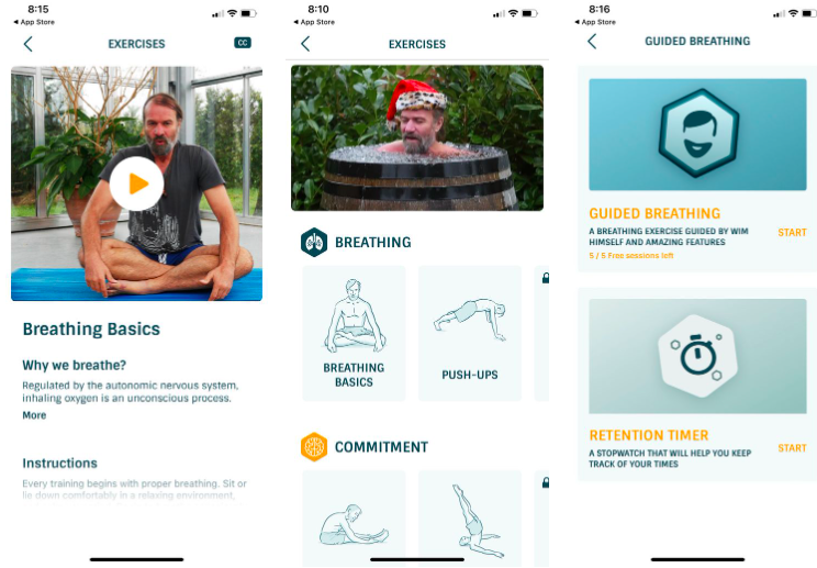 Trong ứng dụng Wim Hof bao gồm các khóa học kéo giãn và bài tập thể chất