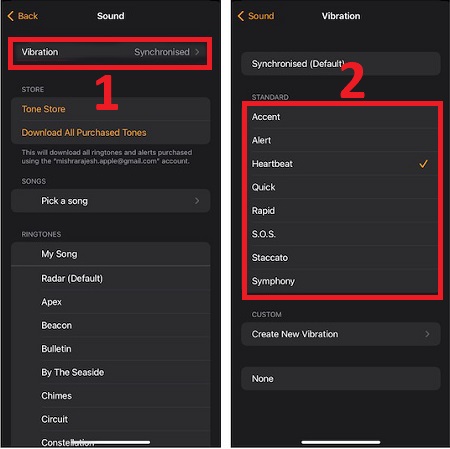 Nhấn chọn Rung (Vibration) nằm ở phía trên, rồi bạn chọn âm thanh rung mà bạn yêu thích. 