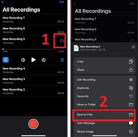 nhấn vào biểu tượng 3 chấm có vòng tròn phía ngoài bên cạnh Bản thu âm đó > chọn Lưu vào tệp (Save to Files) 