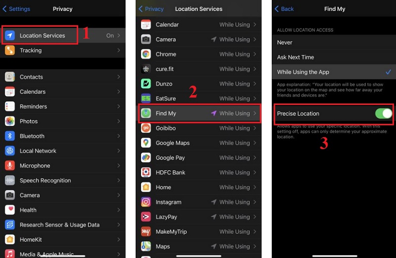 Cho phép Find My truy cập vào vị trí Tìm kiếm chính xác