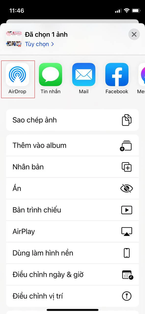 Bước 3: Nhấn chọn AirDrop đồng thời chọn đối tượng mà bạn muốn chia sẻ. 