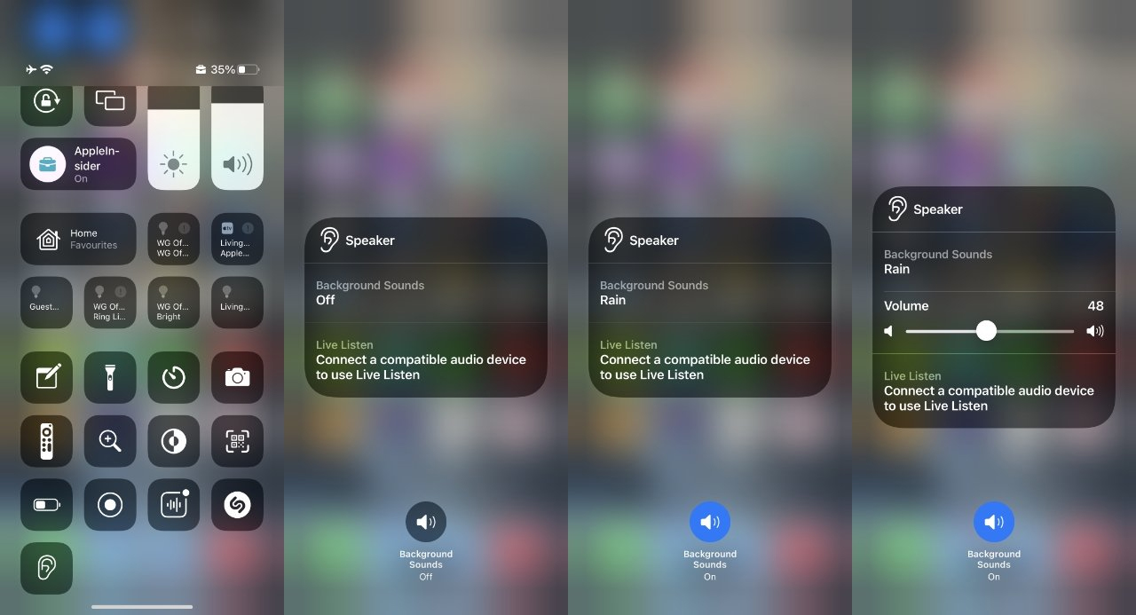 Bạn có thể thêm Thính giác vào Trung tâm điều khiển và sử dụng nó để bật hoặc tắt Âm thanh nền