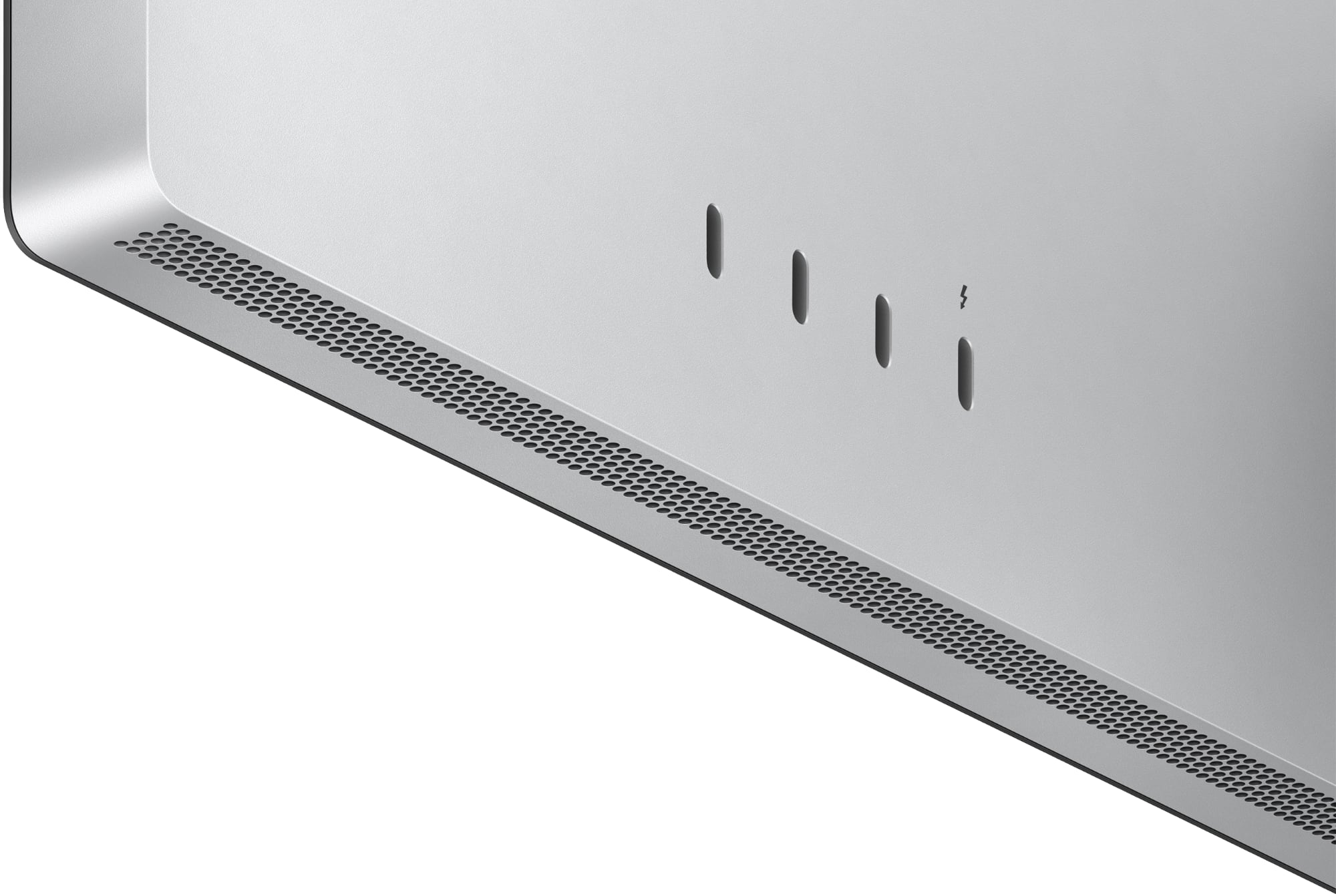 Mặt sau của Studio Display có ba cổng USB-C để kết nối với ổ cứng ngoài hoặc phụ kiện; ngoài ra cũng có 1 cổng Thunderbolt cho phép bạn kết nối MacBook của mình với màn hình Apple.