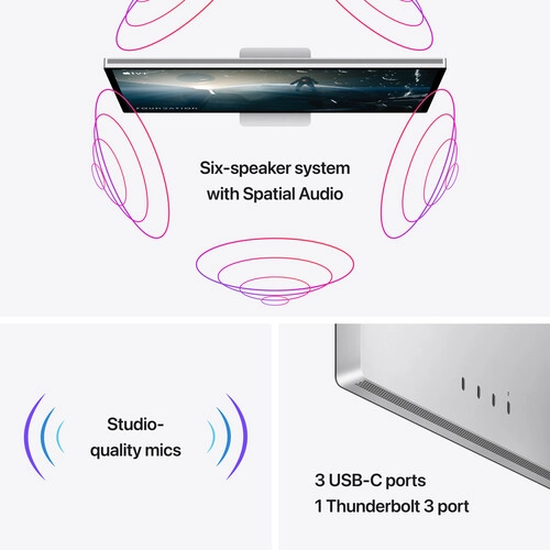 Ngoài 3 micro tích hợp, Apple Studio Display còn là sự kết hợp của bốn loa trầm và hai loa bổng chuẩn cinema