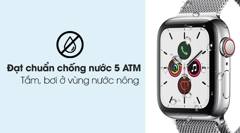Smartwatch Apple Watch S4 được trang bị chuẩn chống nước lên đến 50m, bạn không còn phải quá lo lắng khi đồng hồ vô tình dính nước hoặc khi đi ngoài trời gặp mưa to.