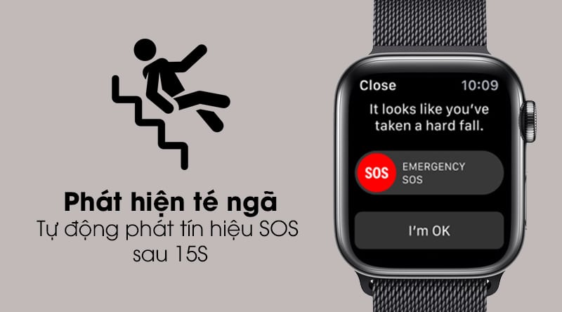 Đây là một tính năng mới được Apple trang bị cho S4, sử dụng cảm biến giúp phát hiện té ngã. Khi bị té, đồng hồ sẽ đếm ngược 1 thời gian ngắn nếu người đeo không có phản hồi, đồng hồ sẽ tự động gọi cấp cứu theo mã quốc gia của người dùng, đồng thời gửi tin nhắn địa điểm của bạn cho người thân được cài đặt trong máy.