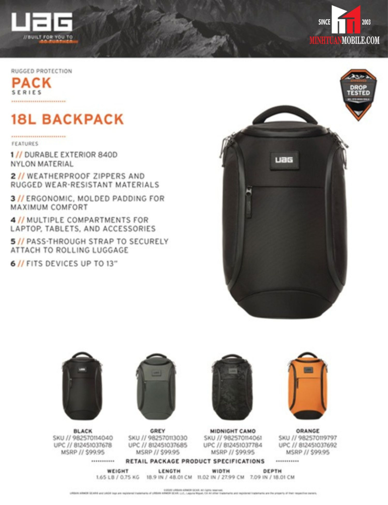 Balo chống sốc kháng nước UAG STD 18 lít