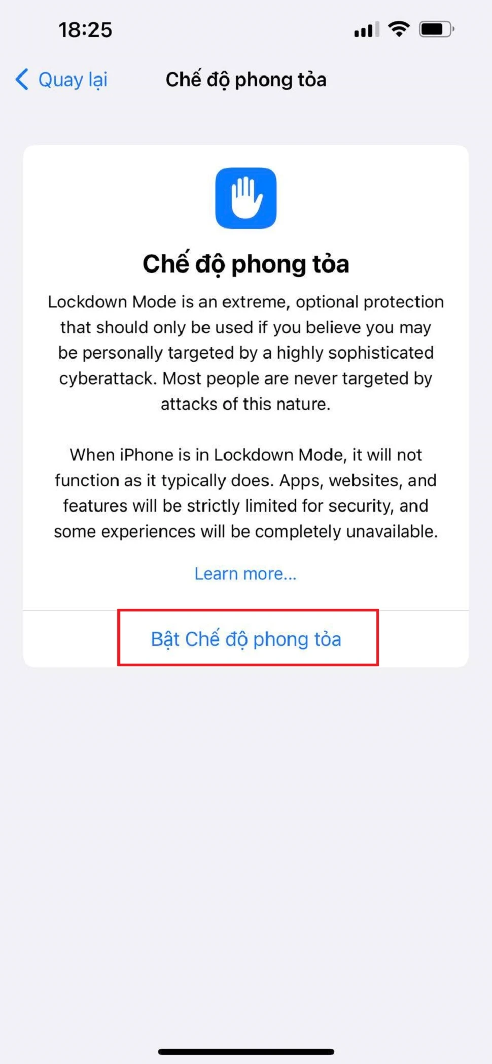Bước 2: Tìm và chọn Chế độ phong tỏa > Nhấn Bật chế độ phong tỏa 