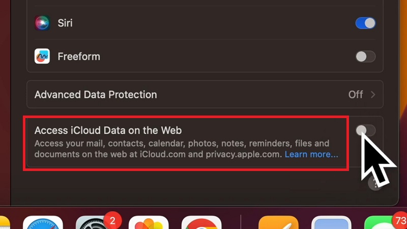 Tắt chức năng Access iCloud Data on the Web (Truy cập Dữ liệu iCloud trên Web).