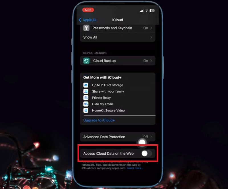 Nhấp vô hiệu hóa chức năng Access iCloud Data on the Web (Truy cập Dữ liệu iCloud trên Web).