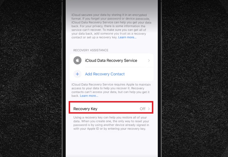 Chọn nút Khóa khôi phục (Recovery Key) để sao chép mật khẩu trước khi hoàn tất việc thiết lập tính năng Bảo vệ dữ liệu nâng cao 