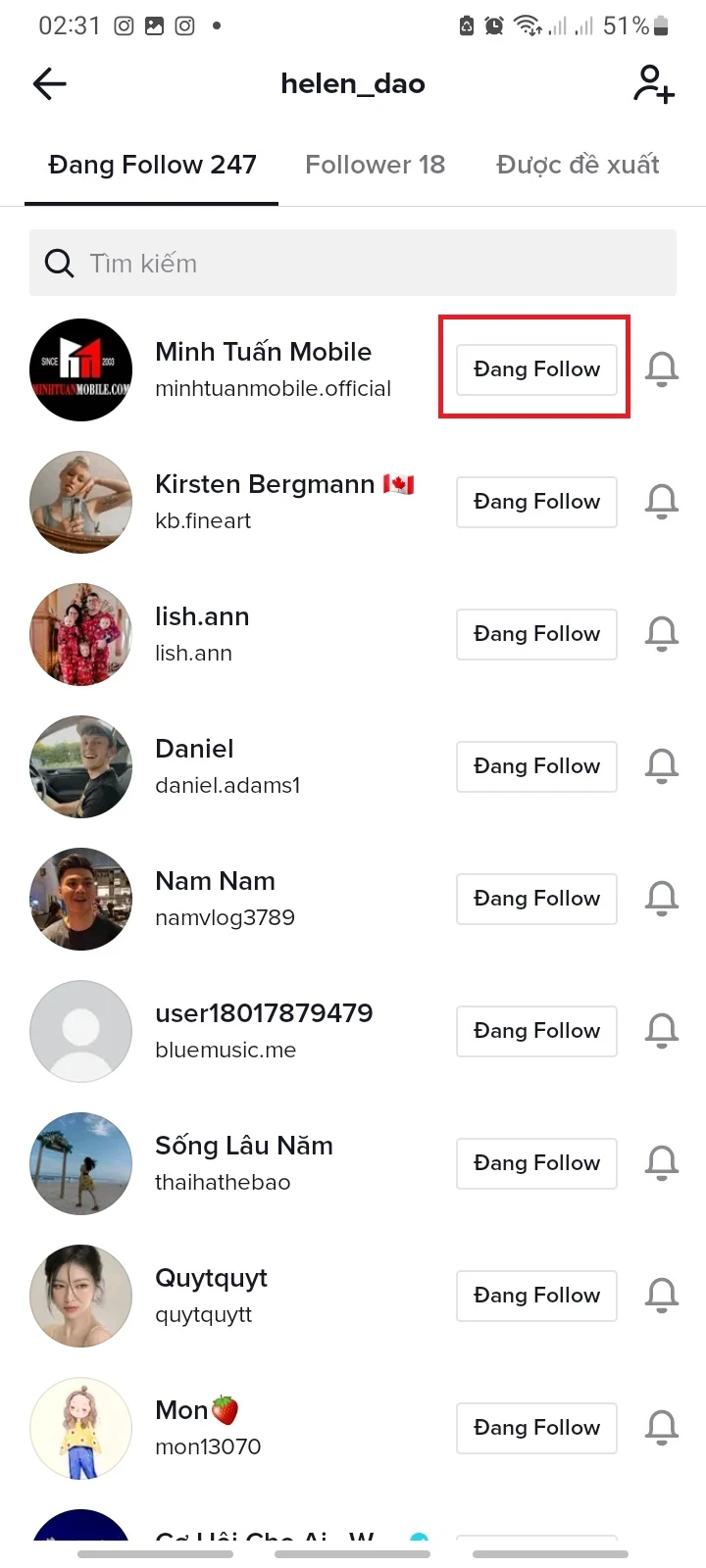 Bước 3: Nhấn vào những người “Đang theo dõi” bên cạnh tên người dùng để hủy theo dõi người đó.