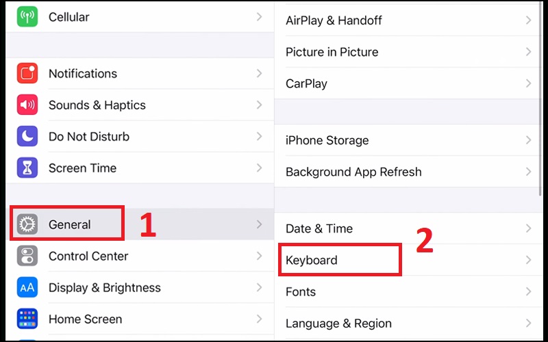 chọn Cài đặt chung (General) > chọn Bàn phím (Keyboard)