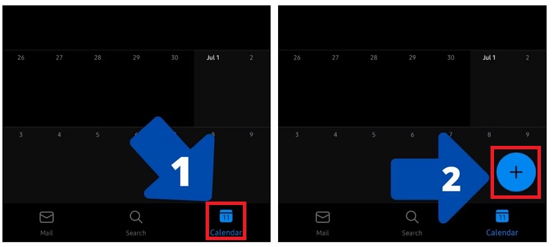 Nhấn vào biểu tượng calendar, nhấn vào nút dấu + 