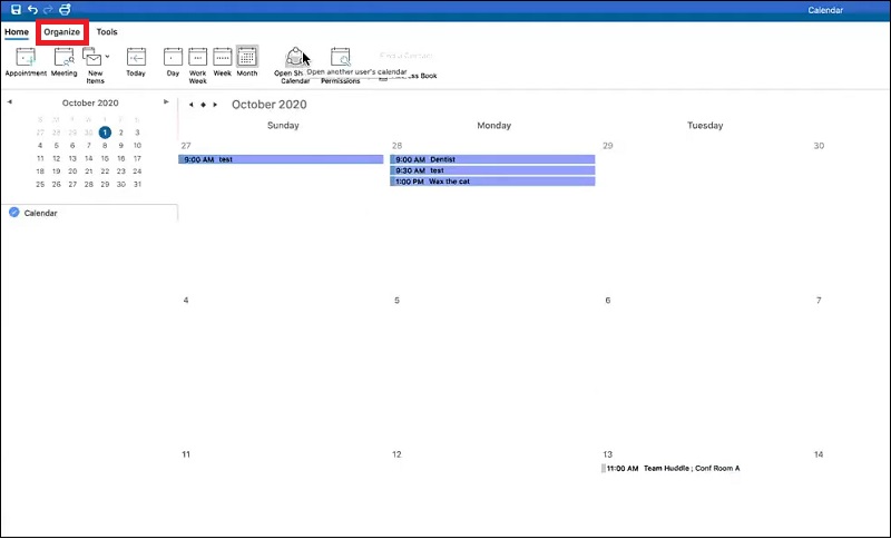 nhấn vào mục Organize (Sắp xếp) > chọn Calendar Permissions (Quyền cho lịch). 