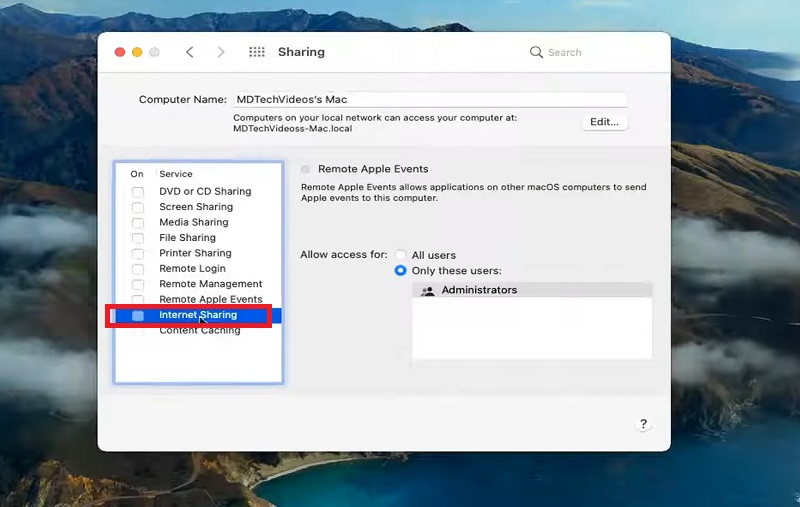 nhấp vào hộp Chia sẻ Internet (Internet Sharing)