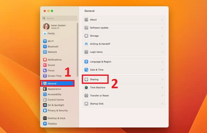 chọn Cài đặt chung (General) > chọn Chia sẻ (Sharing).