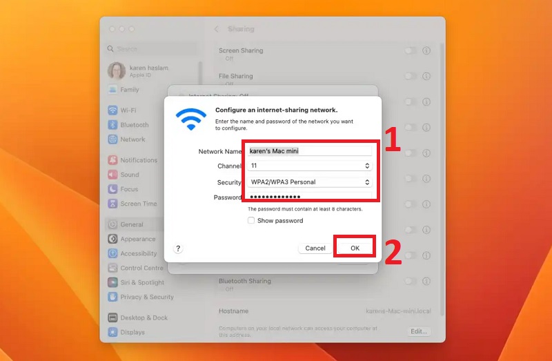 tiến hành nhập Tên (Network Name), chọn tùy chọn Kênh (Chanel) và thiết lập Bảo mật (Security) với mật khẩu (Password)
