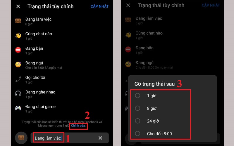 tùy chỉnh thời gian hiểu thị trạng thái