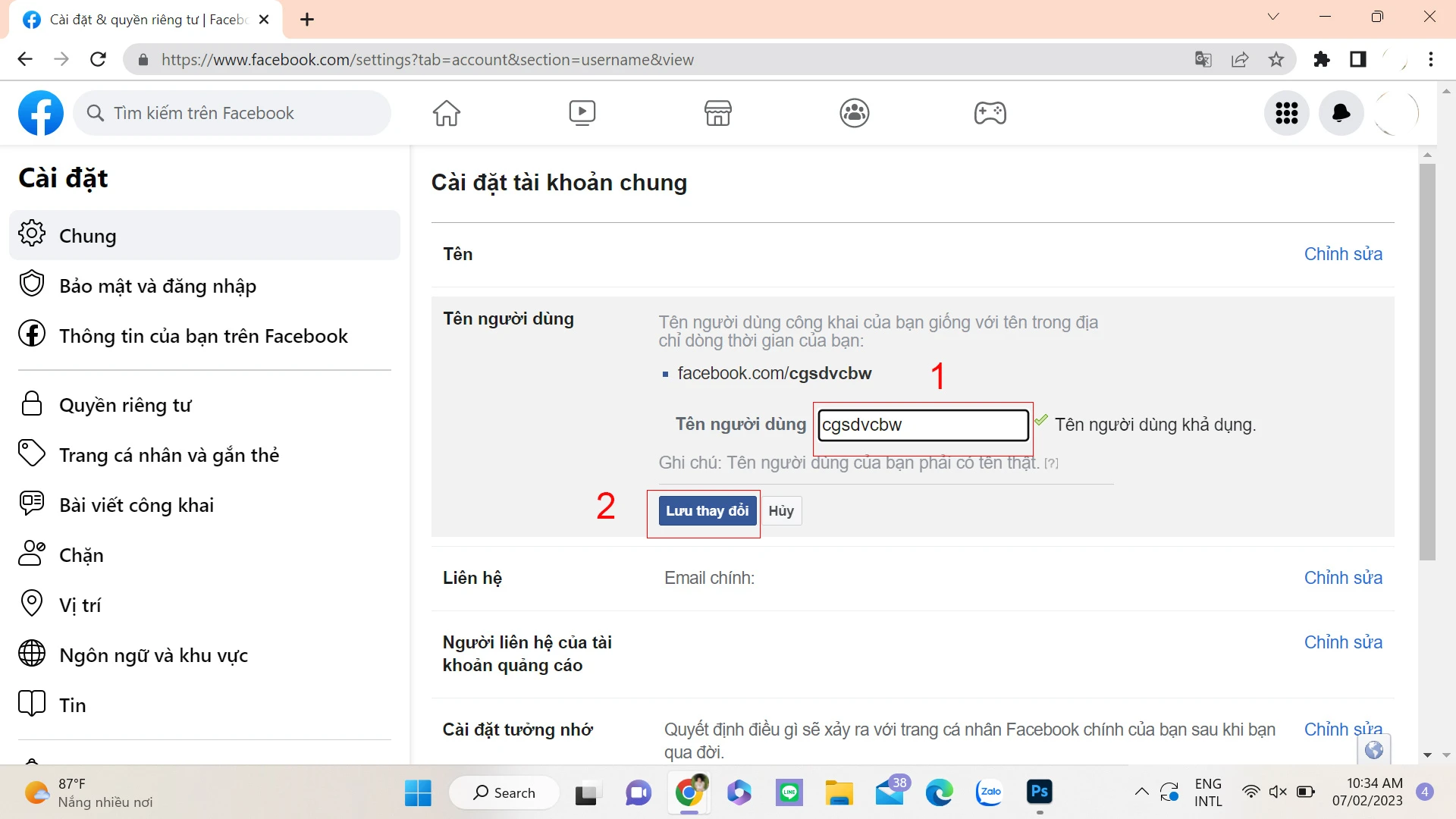 Bước 4: Lúc này màn hình sẽ hiển thị Cài đặt tài khoản chung > nhấn chỉnh sửa tên người dùng và nhập tên bạn muôn sthay đổi cho đường link. 