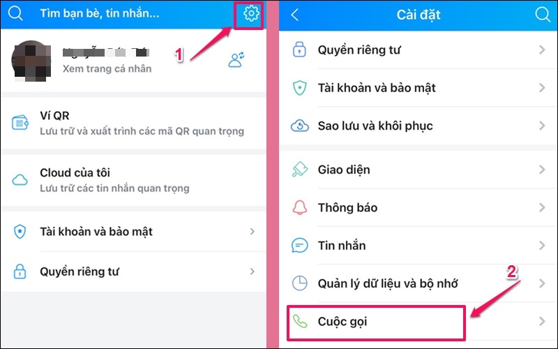 Nhấp chọn mục Cá nhân rồi chọn phần Cuộc gọi