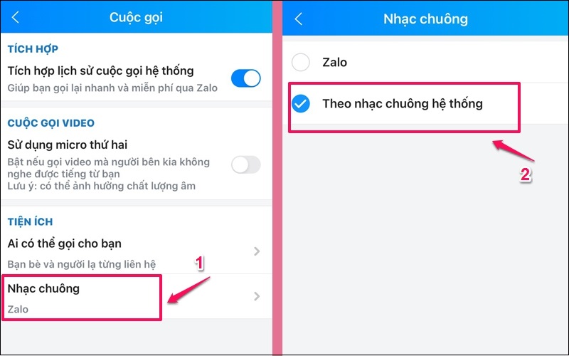 chọn mục Nhạc chuông, rồi tick vào ô Theo nhạc chuông hệ thống